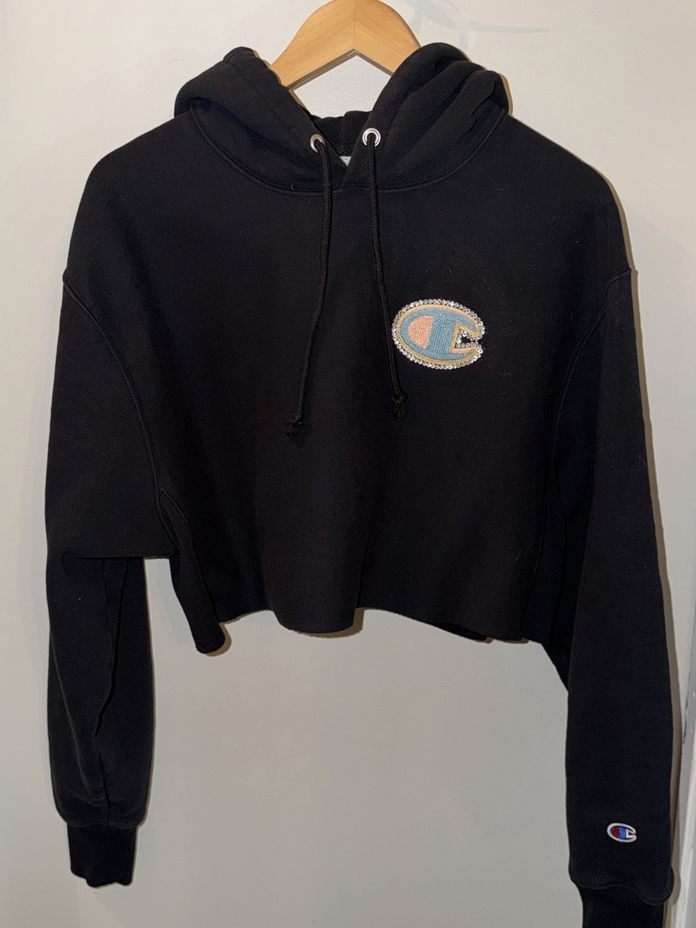 Champion Black Cropped Crewneck Hoodie with Embroidered Logo